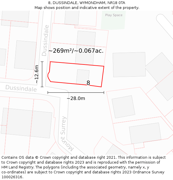 8, DUSSINDALE, WYMONDHAM, NR18 0TA: Plot and title map