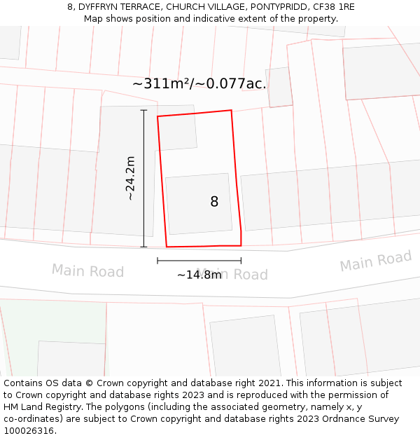 8, DYFFRYN TERRACE, CHURCH VILLAGE, PONTYPRIDD, CF38 1RE: Plot and title map