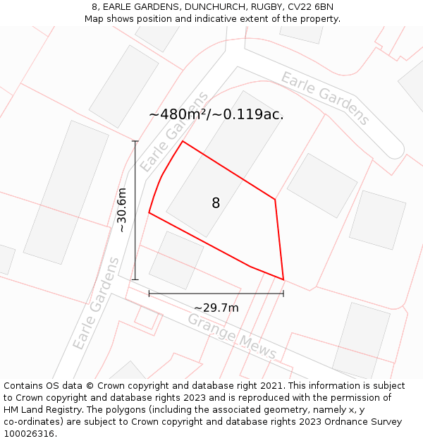 8, EARLE GARDENS, DUNCHURCH, RUGBY, CV22 6BN: Plot and title map