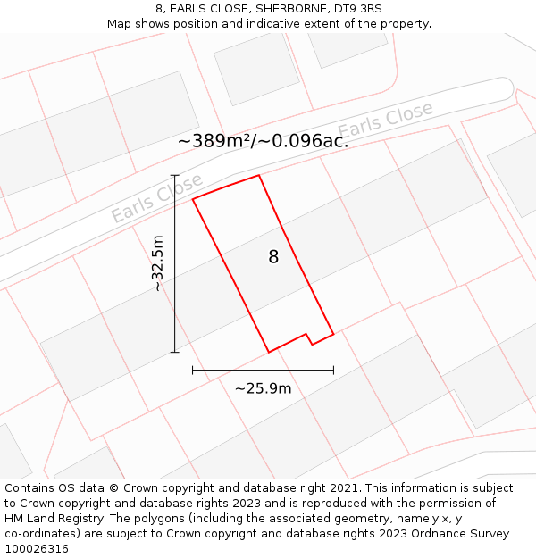 8, EARLS CLOSE, SHERBORNE, DT9 3RS: Plot and title map