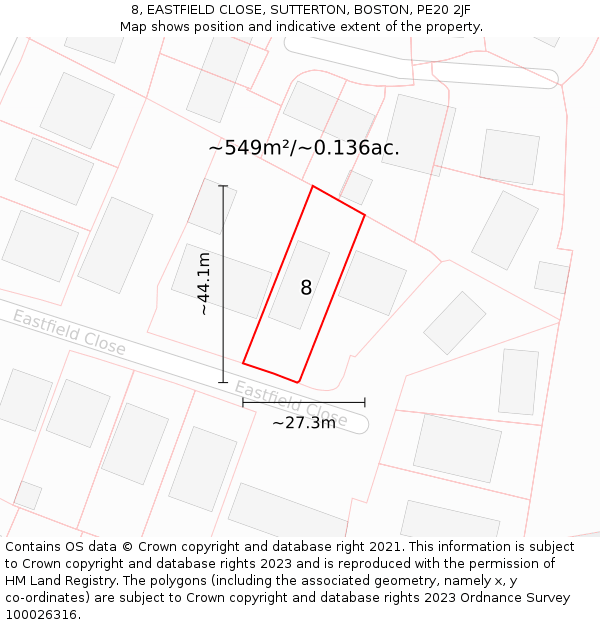 8, EASTFIELD CLOSE, SUTTERTON, BOSTON, PE20 2JF: Plot and title map