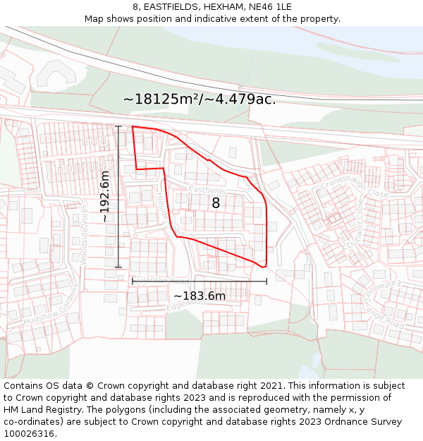 8, EASTFIELDS, HEXHAM, NE46 1LE: Plot and title map