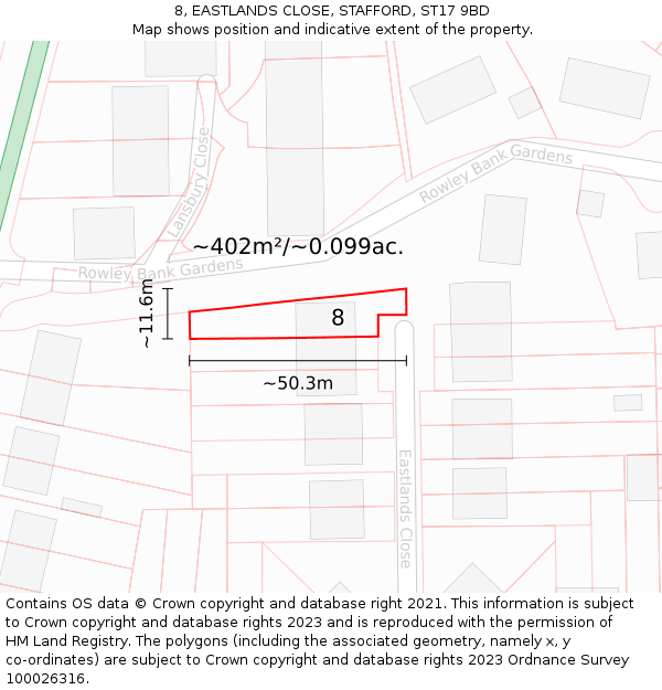8, EASTLANDS CLOSE, STAFFORD, ST17 9BD: Plot and title map