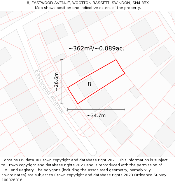 8, EASTWOOD AVENUE, WOOTTON BASSETT, SWINDON, SN4 8BX: Plot and title map