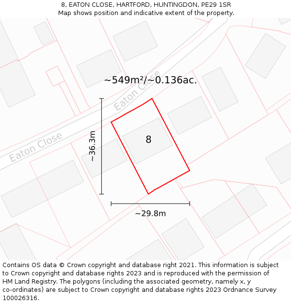 8, EATON CLOSE, HARTFORD, HUNTINGDON, PE29 1SR: Plot and title map