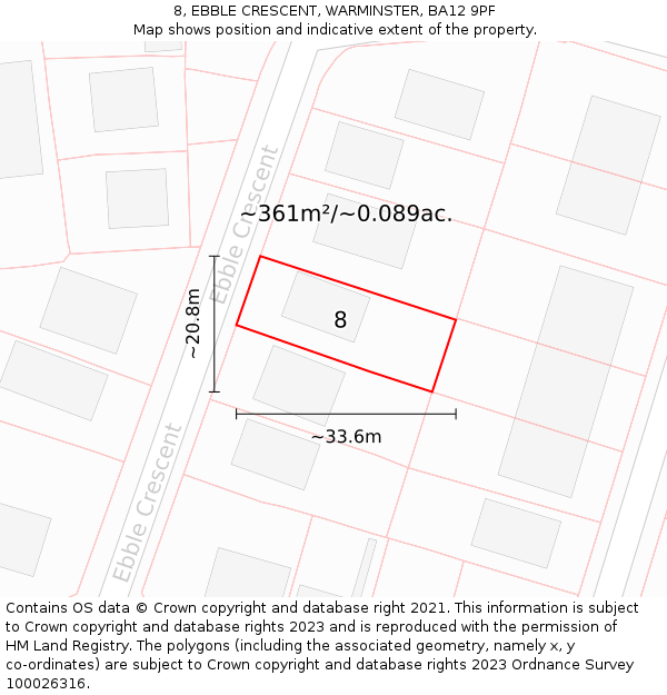 8, EBBLE CRESCENT, WARMINSTER, BA12 9PF: Plot and title map