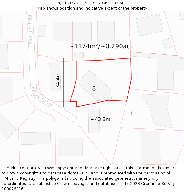 8, EBURY CLOSE, KESTON, BR2 6EL: Plot and title map