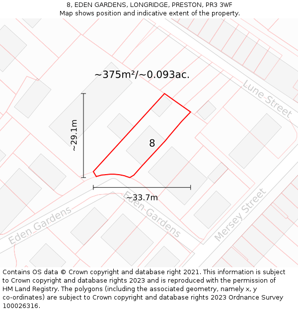 8, EDEN GARDENS, LONGRIDGE, PRESTON, PR3 3WF: Plot and title map