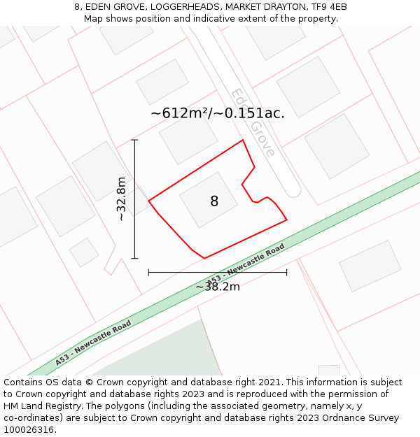 8, EDEN GROVE, LOGGERHEADS, MARKET DRAYTON, TF9 4EB: Plot and title map