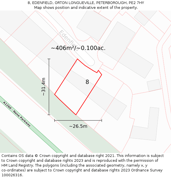 8, EDENFIELD, ORTON LONGUEVILLE, PETERBOROUGH, PE2 7HY: Plot and title map