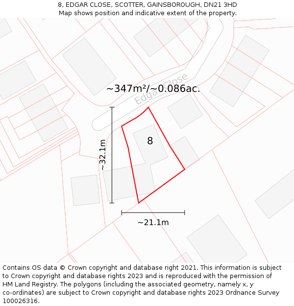 8, EDGAR CLOSE, SCOTTER, GAINSBOROUGH, DN21 3HD: Plot and title map