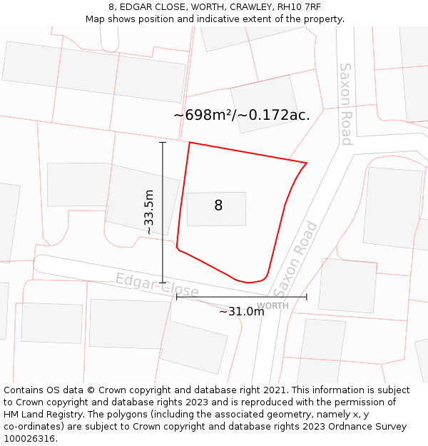 8, EDGAR CLOSE, WORTH, CRAWLEY, RH10 7RF: Plot and title map