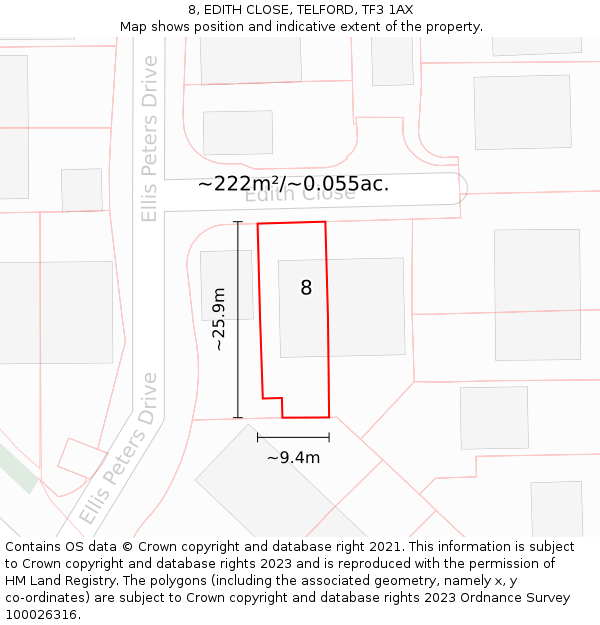 8, EDITH CLOSE, TELFORD, TF3 1AX: Plot and title map