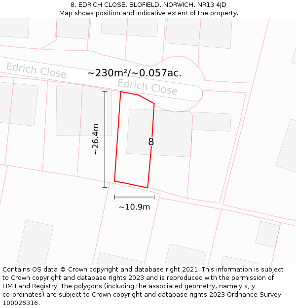 8, EDRICH CLOSE, BLOFIELD, NORWICH, NR13 4JD: Plot and title map