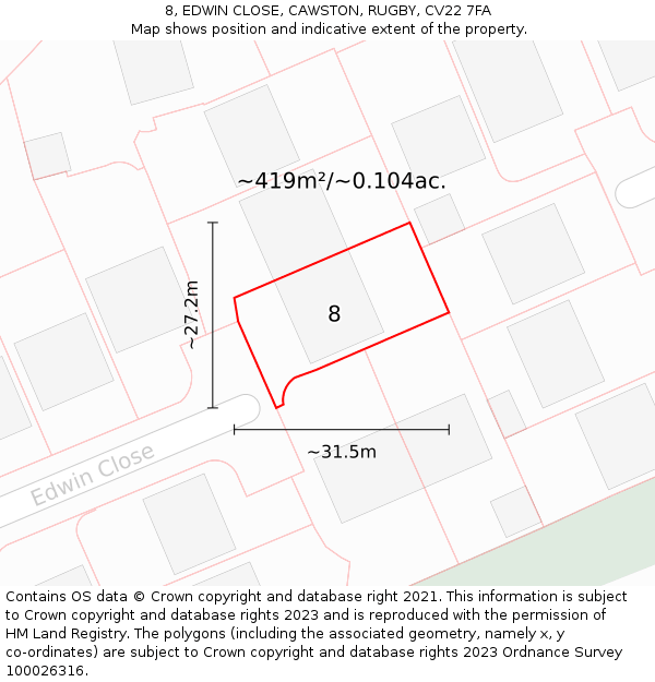 8, EDWIN CLOSE, CAWSTON, RUGBY, CV22 7FA: Plot and title map