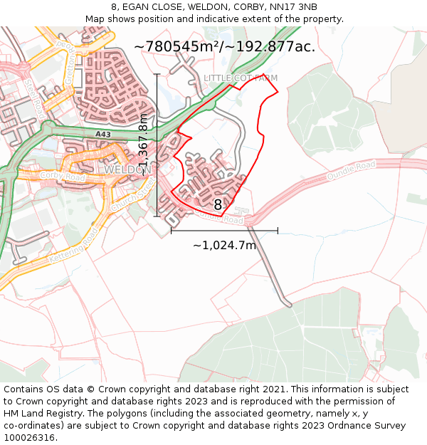 8, EGAN CLOSE, WELDON, CORBY, NN17 3NB: Plot and title map