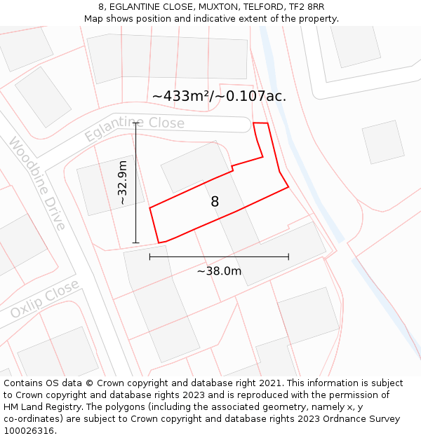 8, EGLANTINE CLOSE, MUXTON, TELFORD, TF2 8RR: Plot and title map