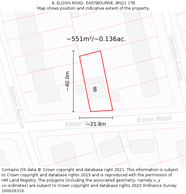 8, ELDON ROAD, EASTBOURNE, BN21 1TB: Plot and title map