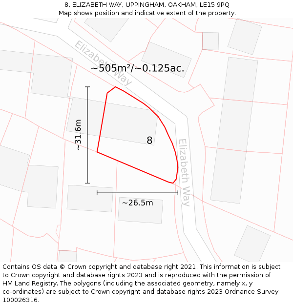 8, ELIZABETH WAY, UPPINGHAM, OAKHAM, LE15 9PQ: Plot and title map