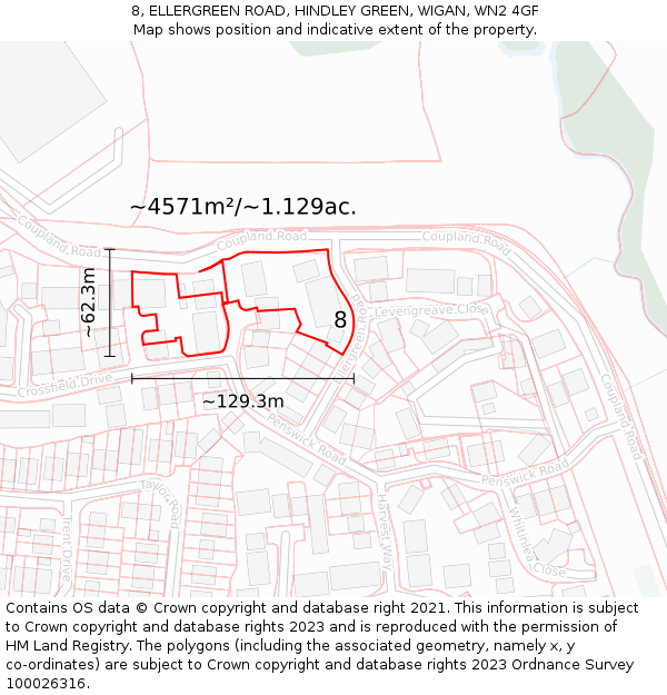 8, ELLERGREEN ROAD, HINDLEY GREEN, WIGAN, WN2 4GF: Plot and title map