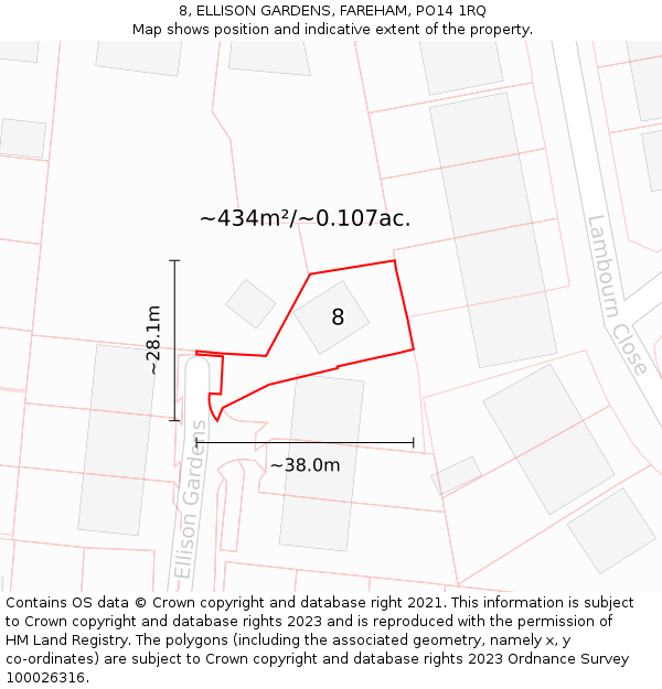 8, ELLISON GARDENS, FAREHAM, PO14 1RQ: Plot and title map
