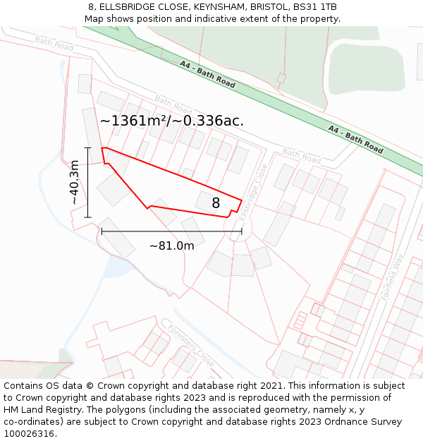 8, ELLSBRIDGE CLOSE, KEYNSHAM, BRISTOL, BS31 1TB: Plot and title map