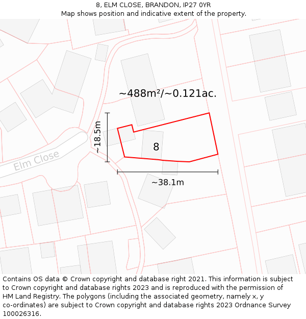 8, ELM CLOSE, BRANDON, IP27 0YR: Plot and title map