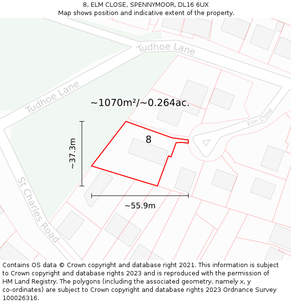 8, ELM CLOSE, SPENNYMOOR, DL16 6UX: Plot and title map