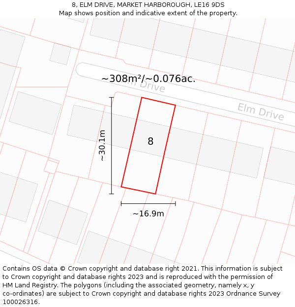 8, ELM DRIVE, MARKET HARBOROUGH, LE16 9DS: Plot and title map
