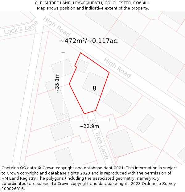 8, ELM TREE LANE, LEAVENHEATH, COLCHESTER, CO6 4UL: Plot and title map
