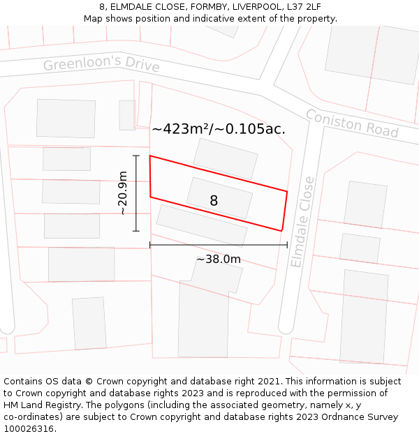 8, ELMDALE CLOSE, FORMBY, LIVERPOOL, L37 2LF: Plot and title map