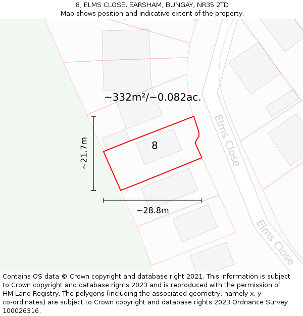 8, ELMS CLOSE, EARSHAM, BUNGAY, NR35 2TD: Plot and title map