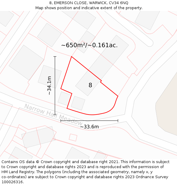 8, EMERSON CLOSE, WARWICK, CV34 6NQ: Plot and title map