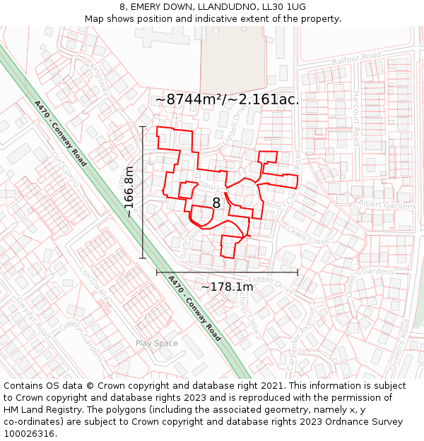 8, EMERY DOWN, LLANDUDNO, LL30 1UG: Plot and title map