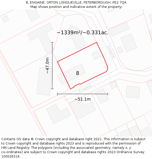 8, ENGAINE, ORTON LONGUEVILLE, PETERBOROUGH, PE2 7QA: Plot and title map