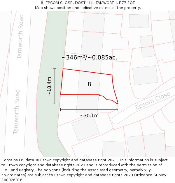 8, EPSOM CLOSE, DOSTHILL, TAMWORTH, B77 1QT: Plot and title map