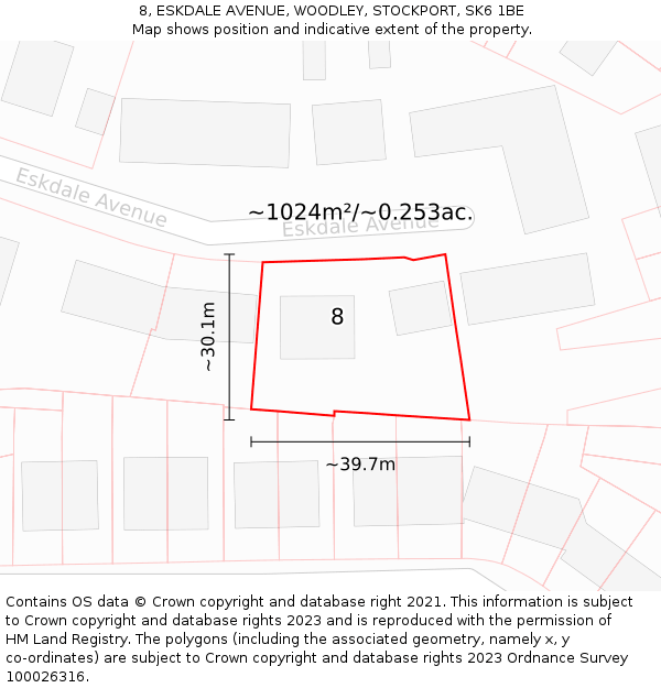 8, ESKDALE AVENUE, WOODLEY, STOCKPORT, SK6 1BE: Plot and title map