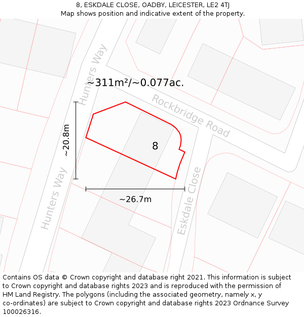 8, ESKDALE CLOSE, OADBY, LEICESTER, LE2 4TJ: Plot and title map