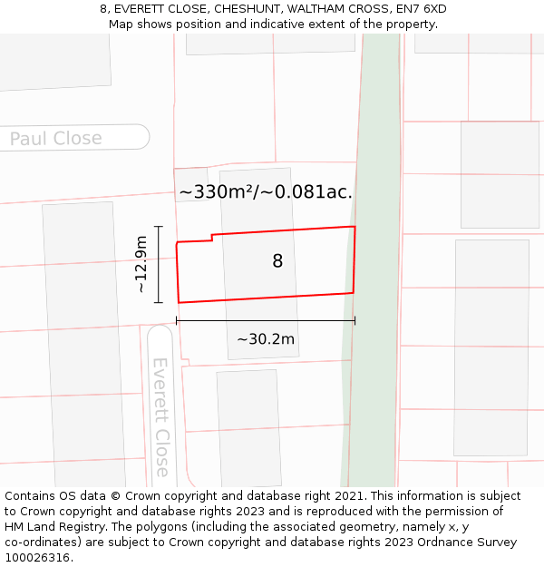 8, EVERETT CLOSE, CHESHUNT, WALTHAM CROSS, EN7 6XD: Plot and title map