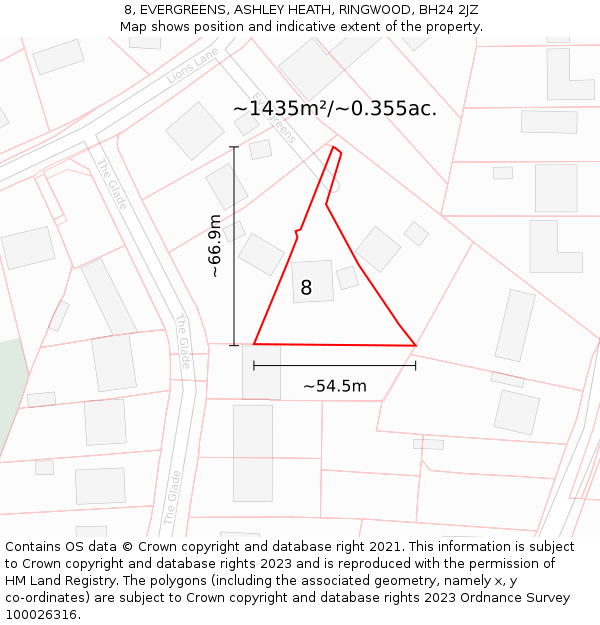 8, EVERGREENS, ASHLEY HEATH, RINGWOOD, BH24 2JZ: Plot and title map