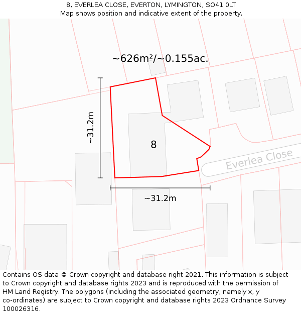 8, EVERLEA CLOSE, EVERTON, LYMINGTON, SO41 0LT: Plot and title map