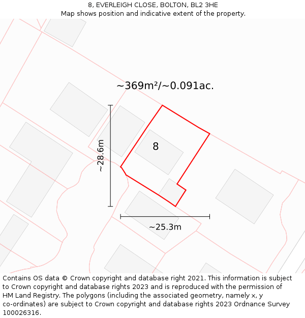 8, EVERLEIGH CLOSE, BOLTON, BL2 3HE: Plot and title map