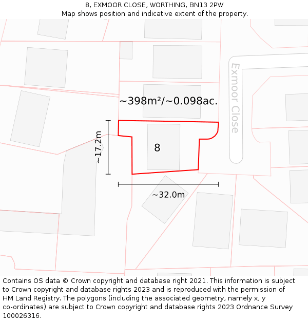 8, EXMOOR CLOSE, WORTHING, BN13 2PW: Plot and title map