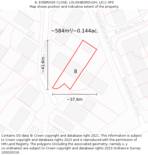 8, EYEBROOK CLOSE, LOUGHBOROUGH, LE11 4PS: Plot and title map