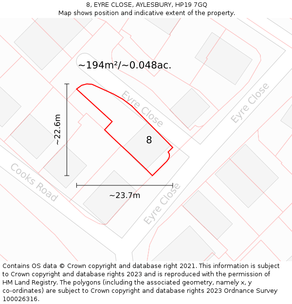 8, EYRE CLOSE, AYLESBURY, HP19 7GQ: Plot and title map