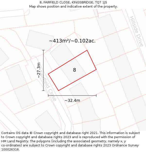 8, FAIRFIELD CLOSE, KINGSBRIDGE, TQ7 1JS: Plot and title map