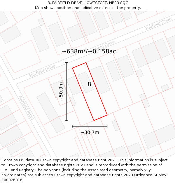 8, FAIRFIELD DRIVE, LOWESTOFT, NR33 8QG: Plot and title map