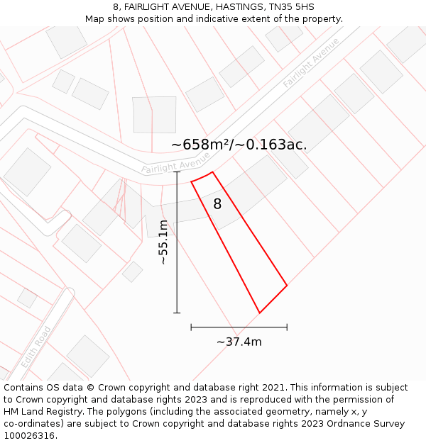 8, FAIRLIGHT AVENUE, HASTINGS, TN35 5HS: Plot and title map