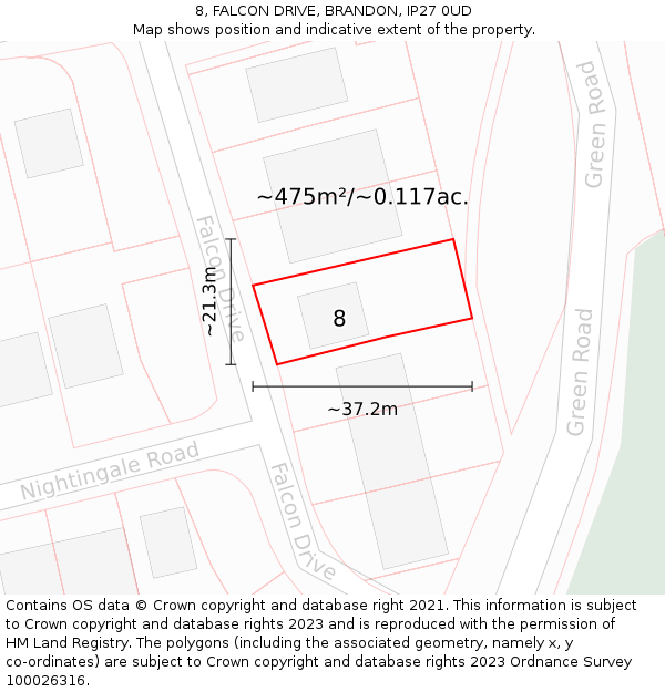 8, FALCON DRIVE, BRANDON, IP27 0UD: Plot and title map