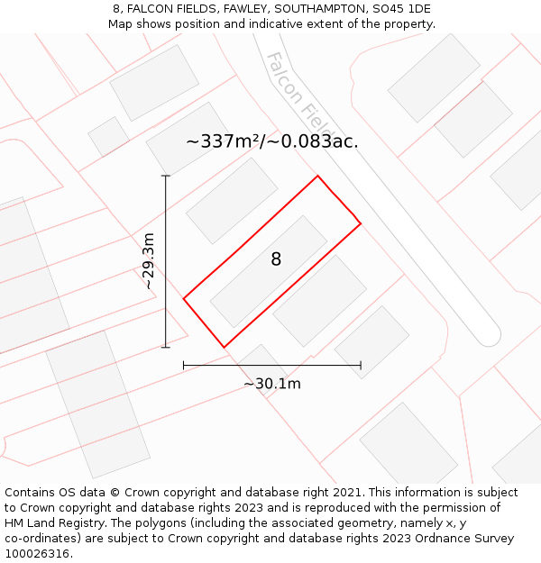 8, FALCON FIELDS, FAWLEY, SOUTHAMPTON, SO45 1DE: Plot and title map